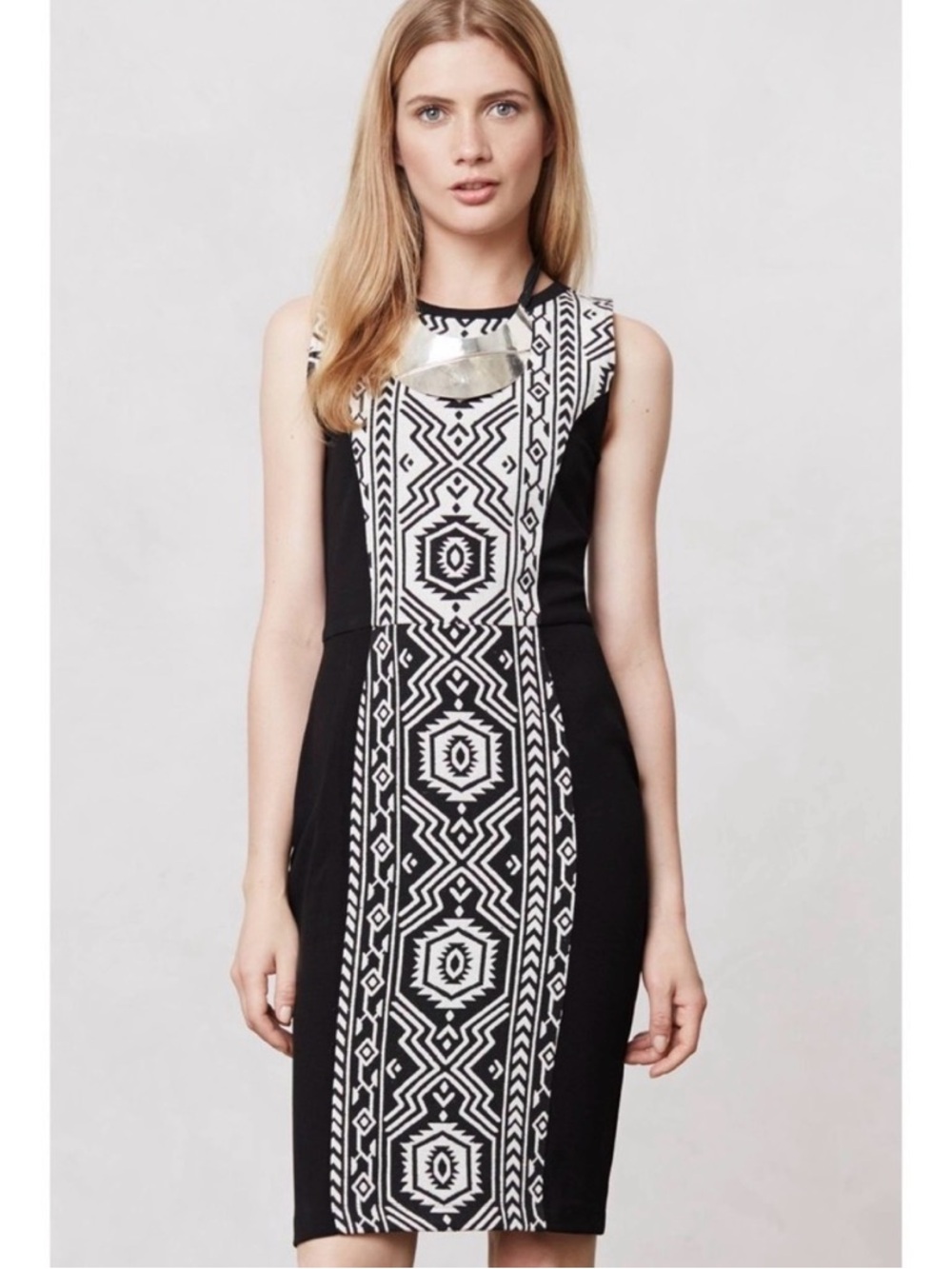 Anthropologie Porridge Alegre Pencil Dress Black and White Aztec Print